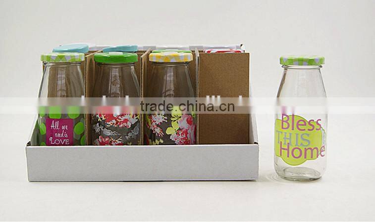 Round glass milk beverage bottle with decorative printing 200ml