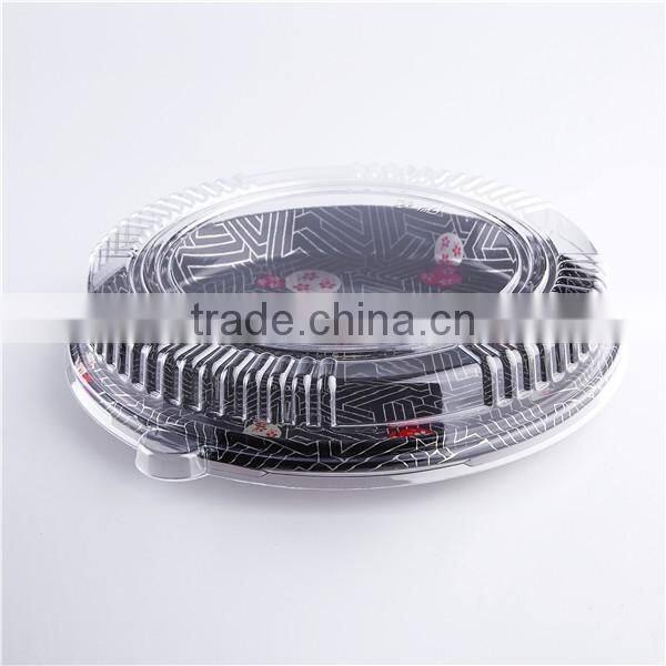 Big round black plastic disposable food sushi tray