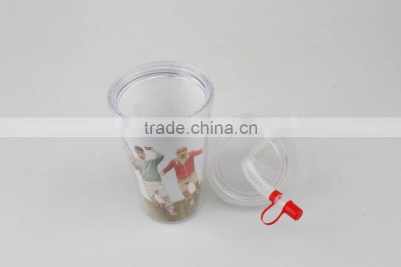 500ML Best-selling PS Plastic Double Wall Drinking Cup With Straw