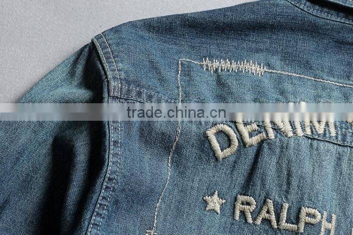 Men denim shirts, long sleeve shirt with embroidery, Men vintage denim shirt,washed denim shirts