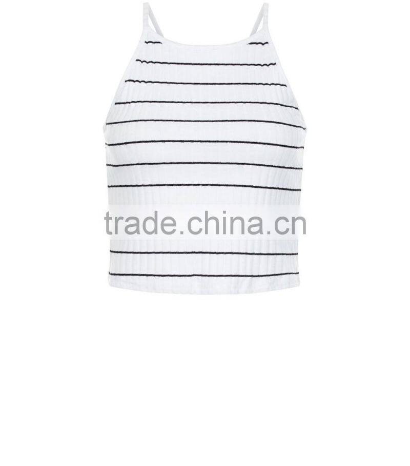 2016 Ladies Sexy White Ribbed Stripe Crop Top HST8040