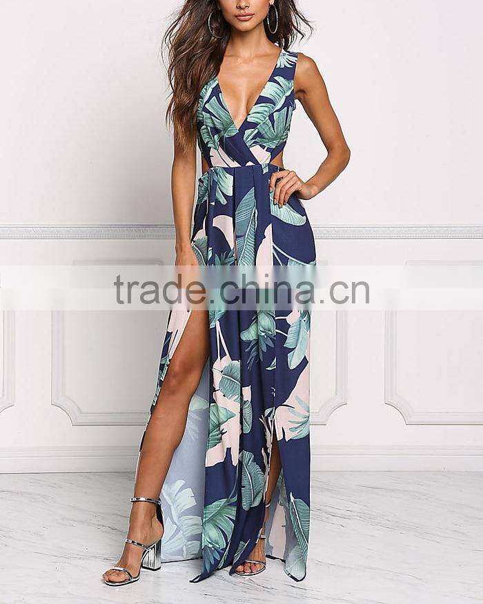 Navy Tie Back Leaf Print Women Maxi Long Party Dress Girls Without Dress Sex Picture HSd5187