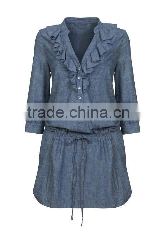 Lady Top Fashion Long Sleeve V-Neck Jeans Denim Dress