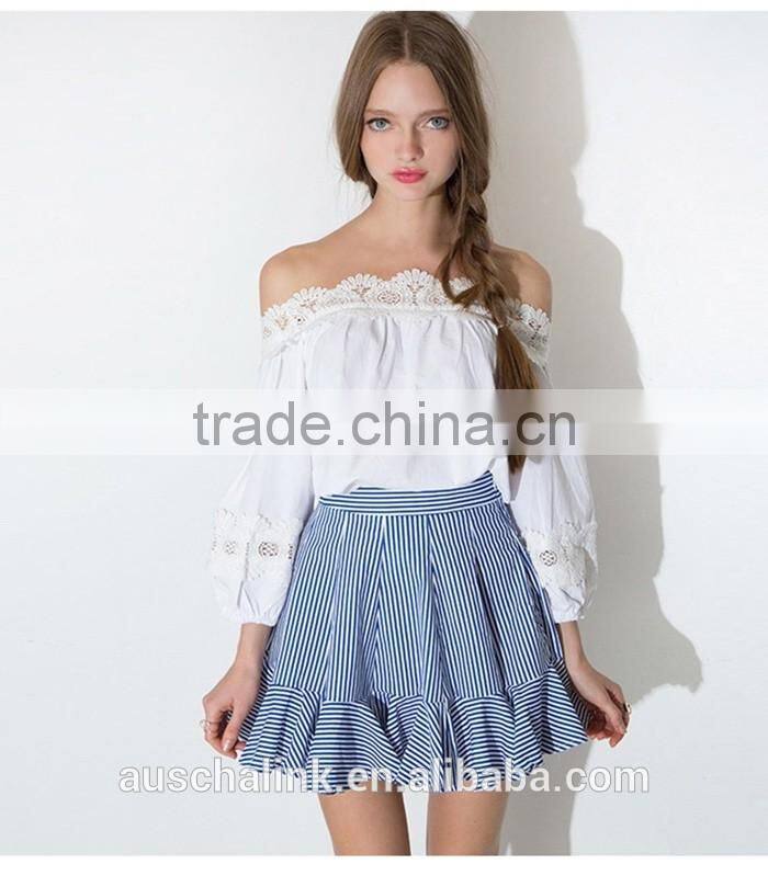 high waist summer girls blue and white stripe ruffle mini skirt models