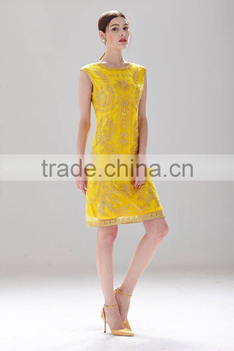 A-Line Neck design shinny gold ladies casual slim fashion dress with zipper black SR-D9789