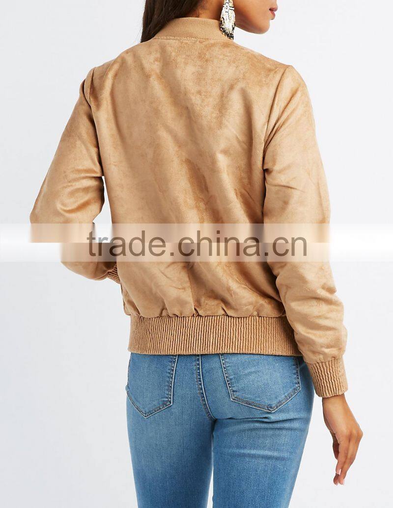 MGOO Custom Made Soft Faux Suede Bomber Jacket New Design Zippered Pockets Women's Leather Jackets