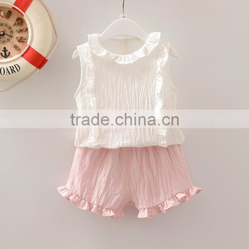 Blank baby clothes top ruffle shorts two piece set 100% cotton clothing for toddlers crushed linen outfit