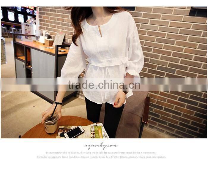 latest fashion Cotton and linen Rond collar shirt flounce shirt blouse for women