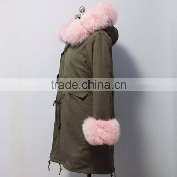 Myfur Baby Pink Thick Part Fox Fur Trimmed Luxury Ladies Fashion Long Parka