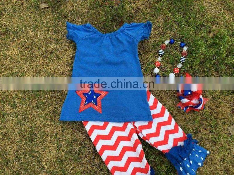 2015 hot sell baby girls 4th of July patriotic capri sets ruffle outfits with matching necklace and neckalce