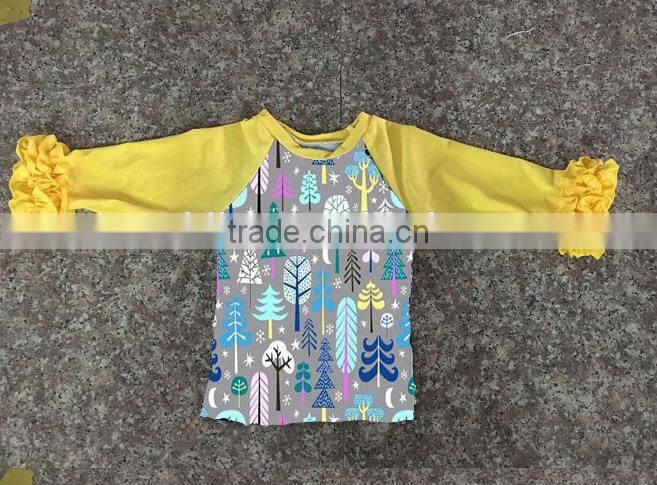 Hot ! Raglan 3/4 sleeve prints shirt baby girl clothes ruffle cotton 0-14 T fall printing wholesale children girl raglan shirt