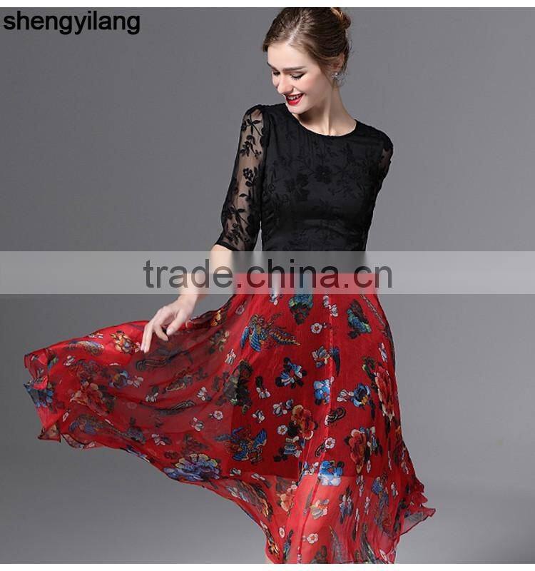 2016 spring summer retro lace silk slim A-line luxury guanzghou dress