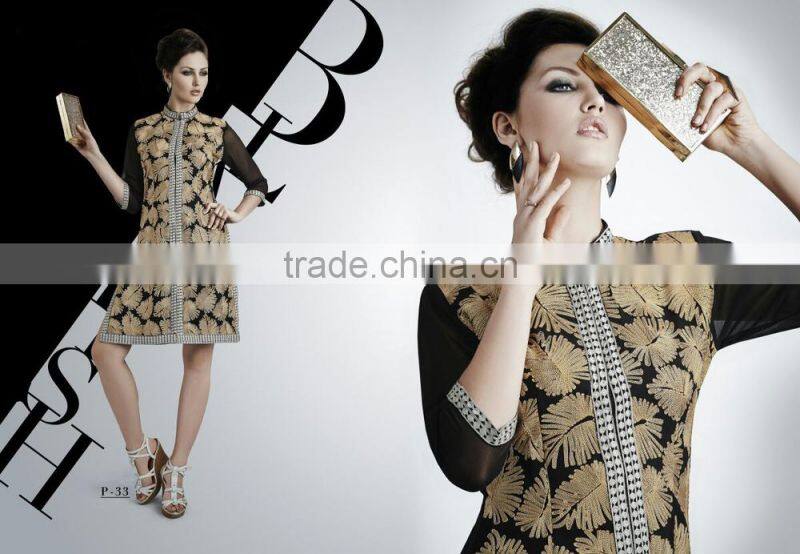 Salmon and Red color with Gold flakes neck design Vogue Designer Kurtis