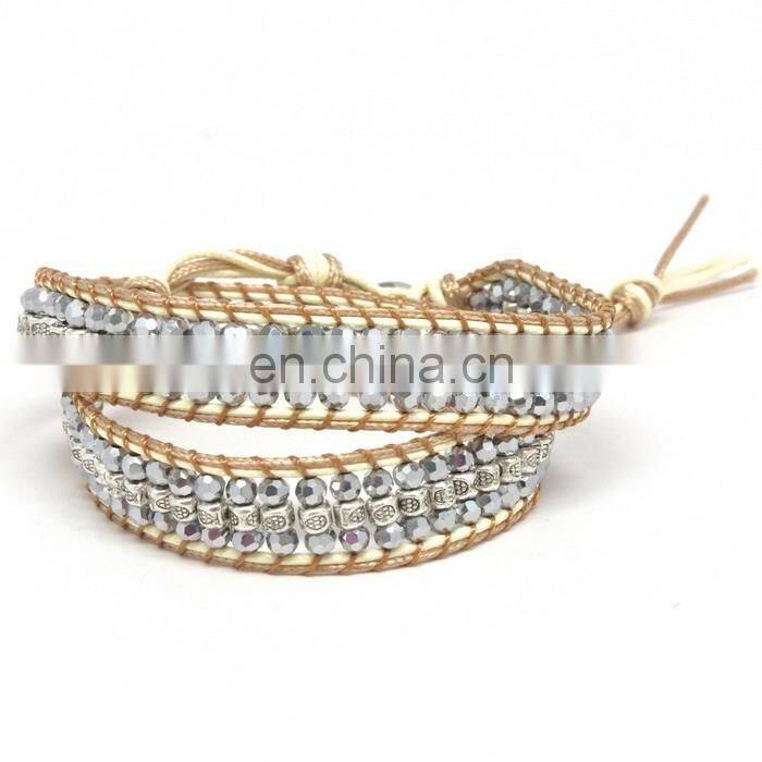 Handmade beaded wrap bracelet features 3 rows of circular and square stones surrounded by a natural colored cord on both sides