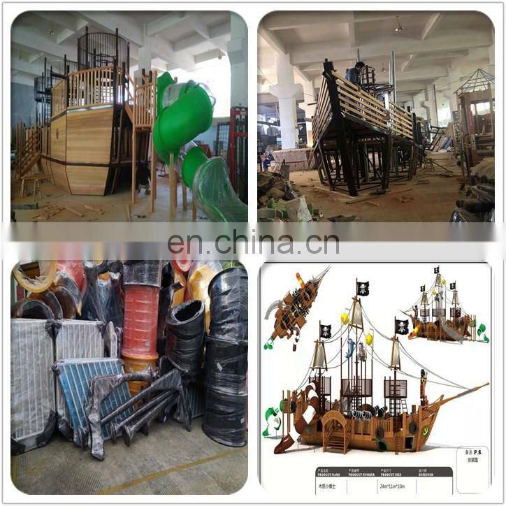 Water slide of wooden pirate ship for children and adults with water park