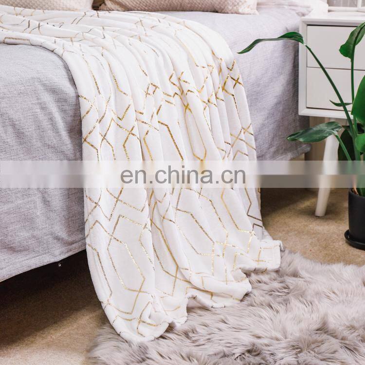 Luxury Soft Hot Gold Stamping Foil Printing Geometric Pattern Flannel Fleece Throw Blanket