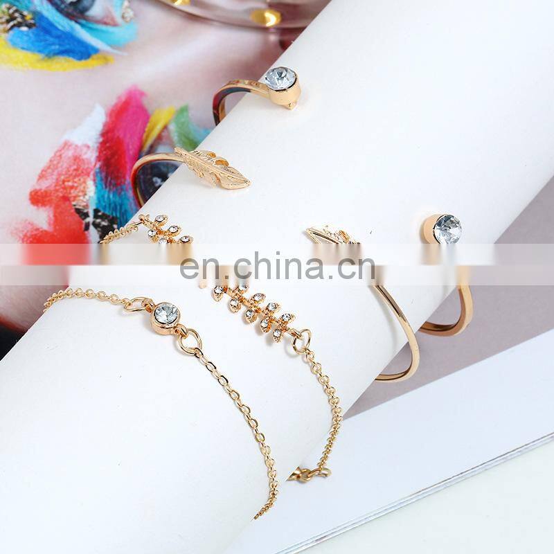 4Pcs/set Women Vintage Crystal Leaves Geometric Chain Gold Bracelet Set Bohemian Bracelets Jewelry