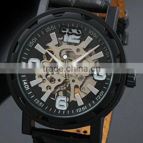 Brand Men's Black Luxury Stainless Steel Skeleton Semi-Automatic Leather Mechanical Watch WM221-ESS