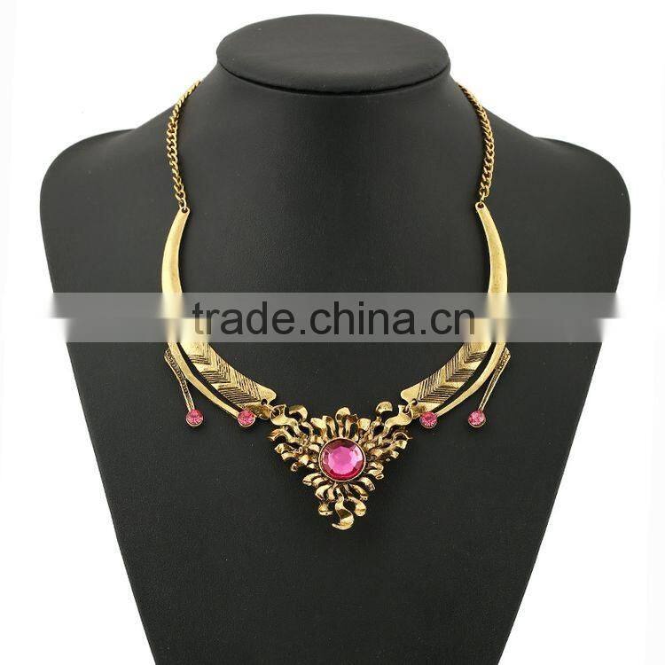 Women Jewelry 18k Gold Plated Pink Crystal Choker Chunky Statement Bib Necklace