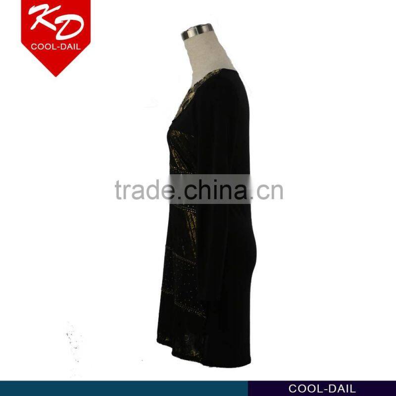 latest new design fashion scoop neck unique studded pattern tiered stud front pleating women dress