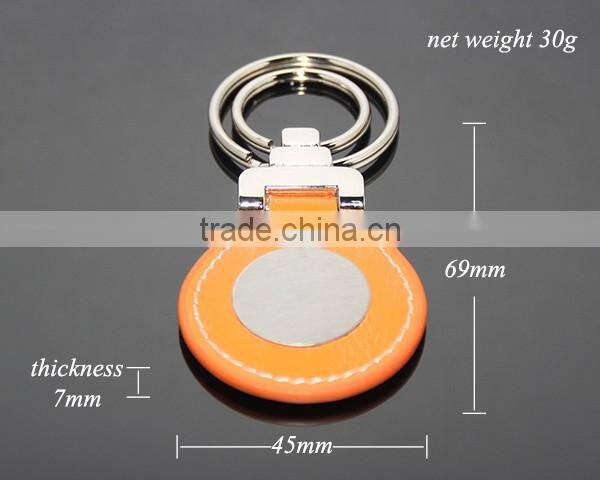Oval Shaped Orange Leather Double Alloy Keyring Stainless Steel Sticker Metal Leather Key Fobs