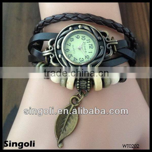 2014New design genuine leather band watch, leaf pendant vingtage watch