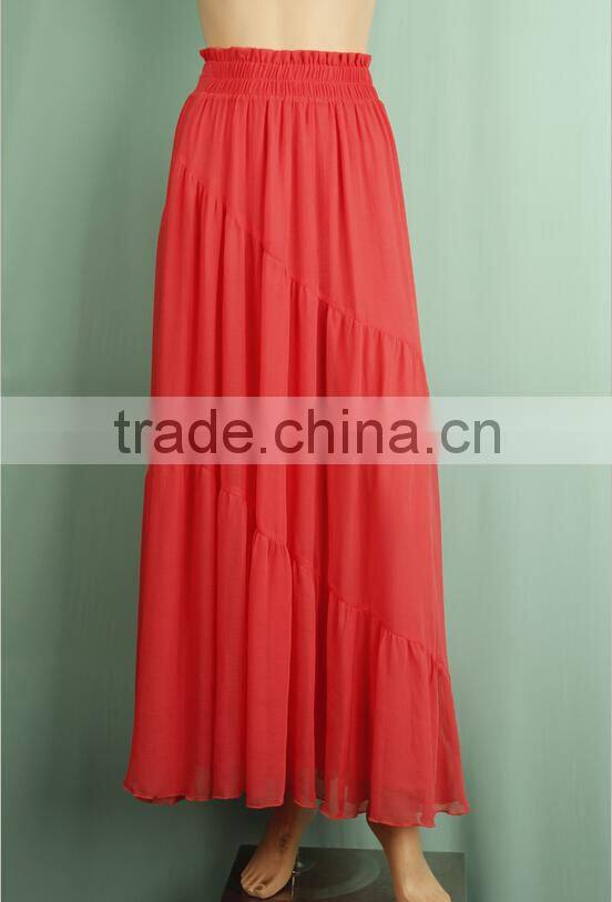 Rayon pleated cotton plaid red color lady long skirt lady full-skirt WS150832630
