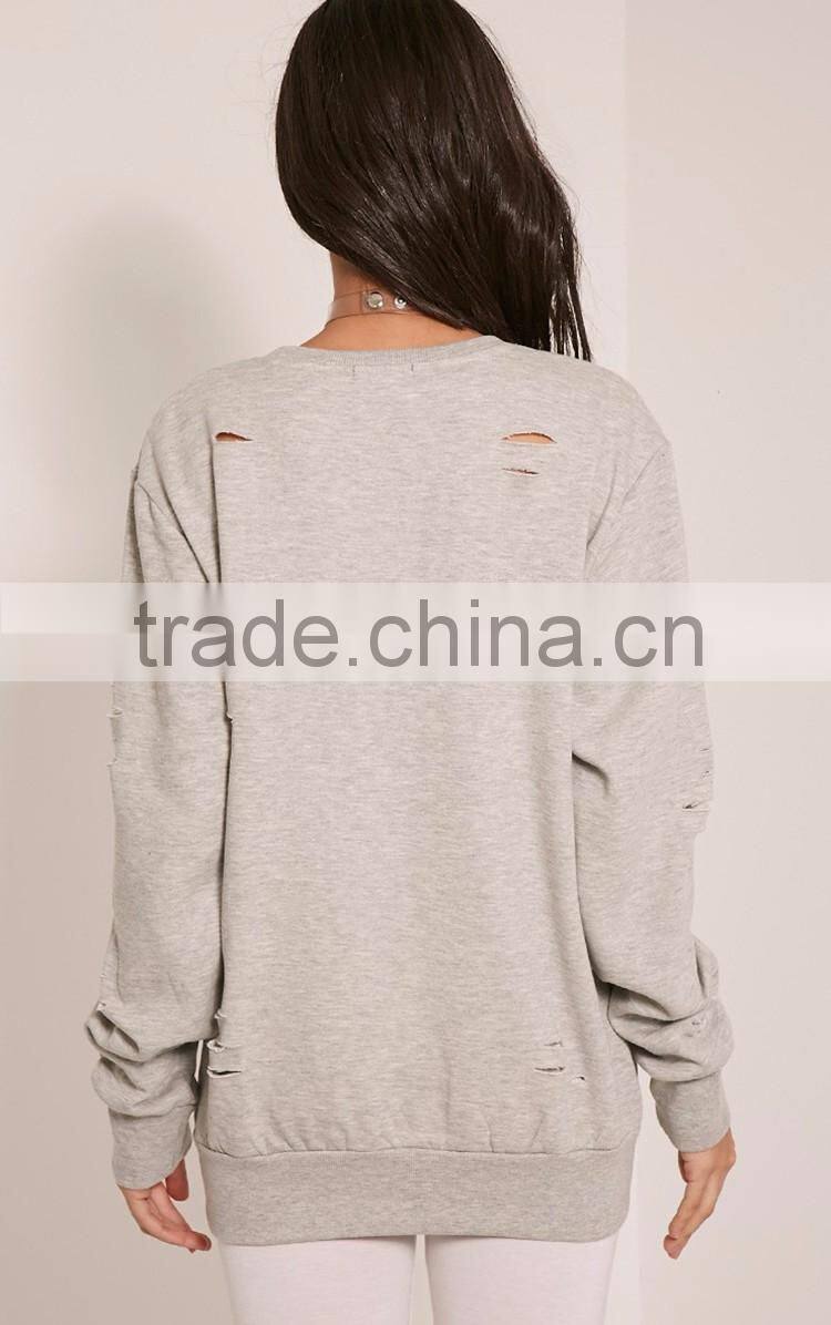 American style hoodies, Grey Ripped Oversized Sweatshirt, high quality cotton hoodies for women