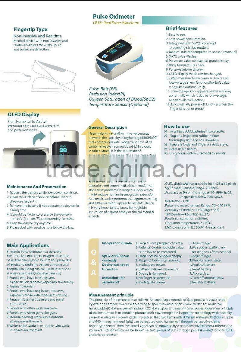 OLED fingertip Pulse Oximeter, OLED Display Pulse Fingertip Oximeter, Pulse Finger Oximeter with low price