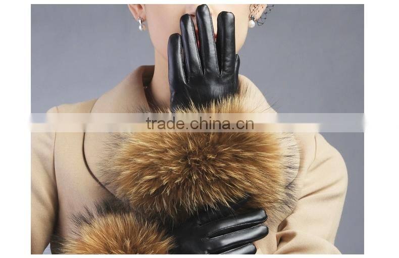 Women Girls Winter Plush Raccoon Fur Leather Mitten Gloves Warm Driving Gift