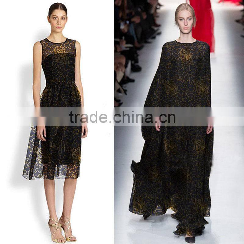 black gold 100% silk organza embroidered tulle fabric