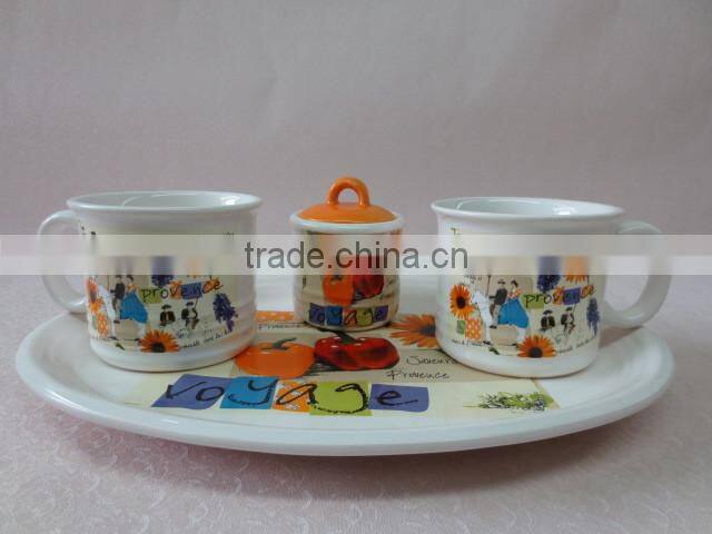 Ceramic Breakfast Set with 2ceramic cups +sugar pot +tray