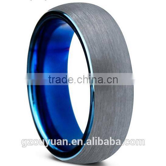 6MM New Dome Blue Tungsten Carbide Ring for Men Women, Brushed Two Tone Tungsten Carbide Ring