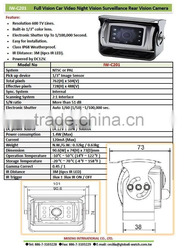IW-C201 IP68 Waterproof 600TVL Vehicle Rear View Camera