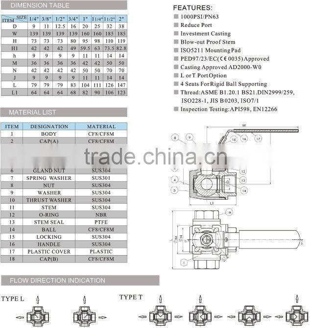 Threaded 3 Way Ball Valves Stainless Steel 304 316 High Quality