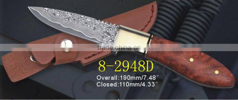 OEM handmade Damascus collection folding knife, mountain hiking small knife, natural wood handle