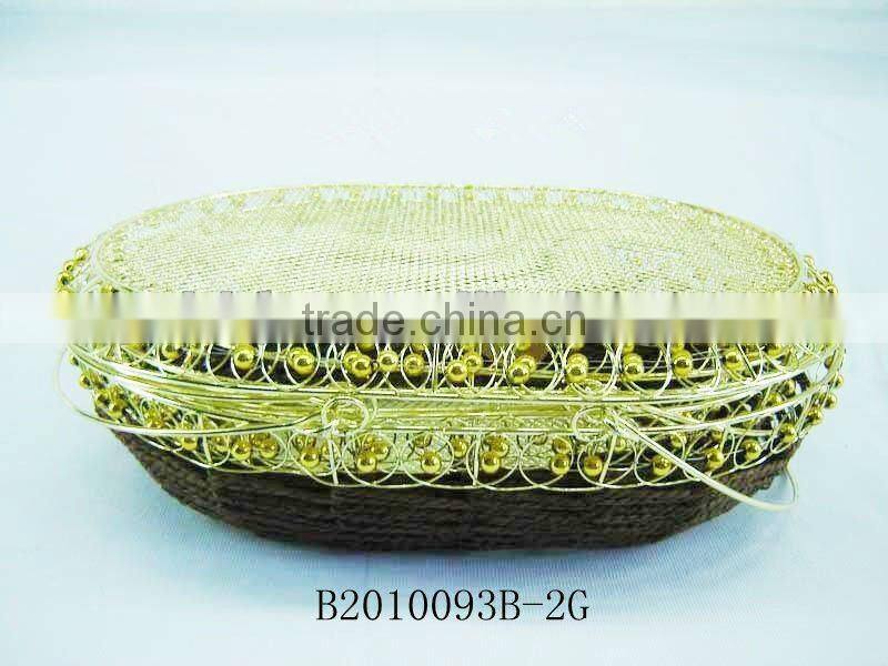 Golden metal wire and paper rope rectangle fruit storage basketry