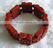 wholesale 7" 15mm chinese traditional dark red carved natural coral bracelet