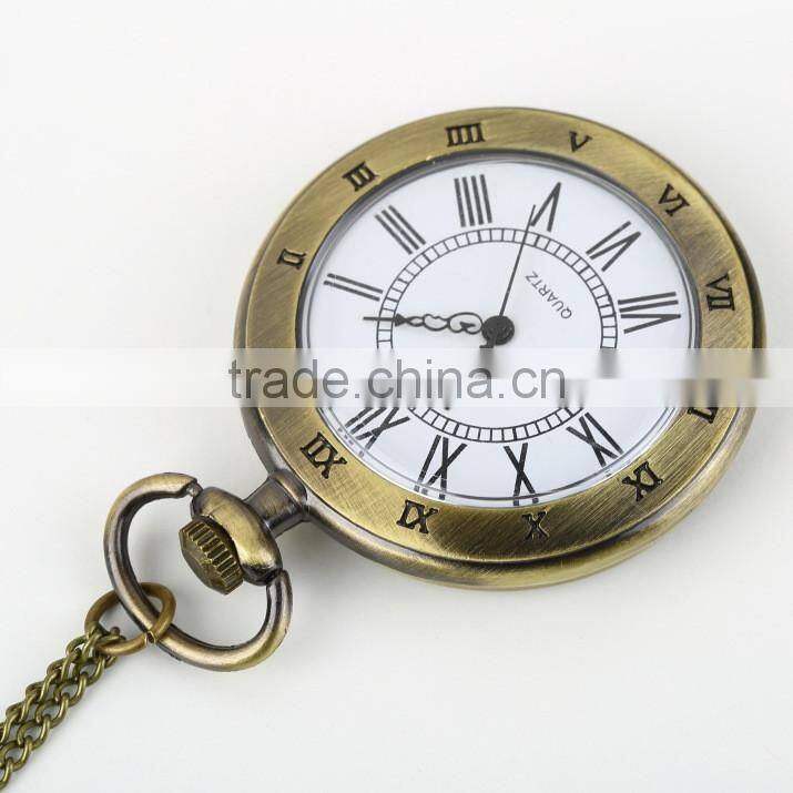 Antique Quartz Watch Bronze Roman Numerals Chain Necklace Pendant Quartz Empty Pocket Watch