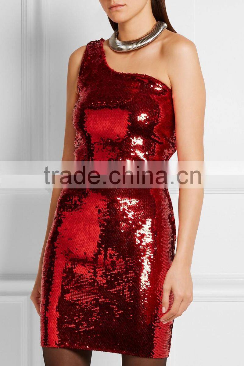 Chic One-shoulder Sparkling Sequin Fabirc Mini Dress Latest Club Party Dresses HSD5612