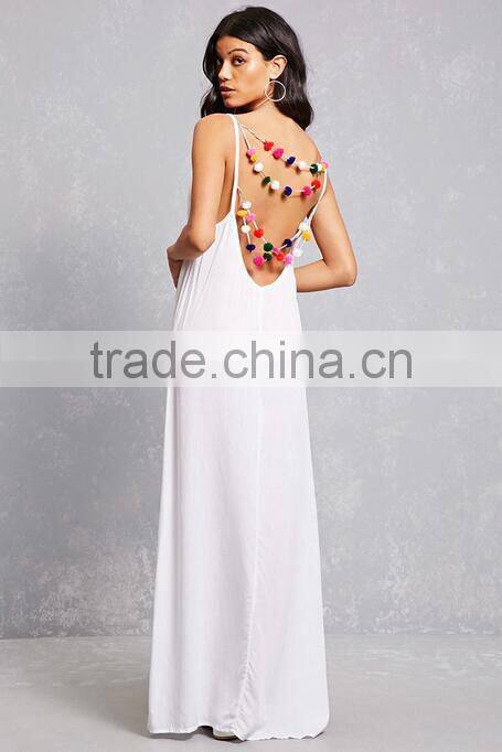 2017 Summer Pom Pom Maxi Beach Dress V Neckline Boho Strap Dress HSd9211