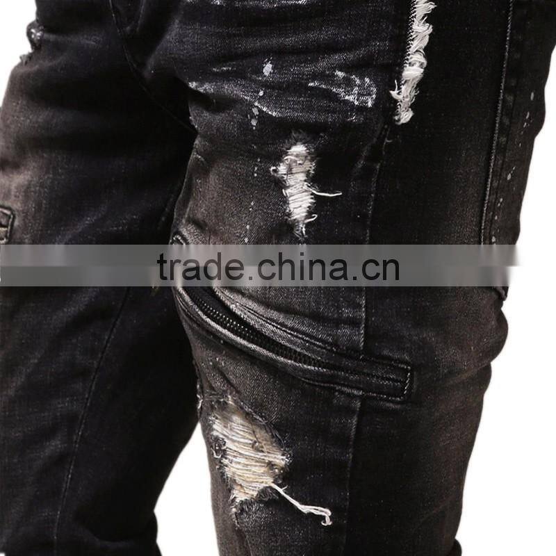 2016 new zipper jeans balck men jeans biker Skinny jeans slim Biker jeans pants in stock accept small order
