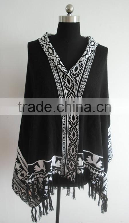 Fashion ladies jacquard knitted hoody poncho sweater
