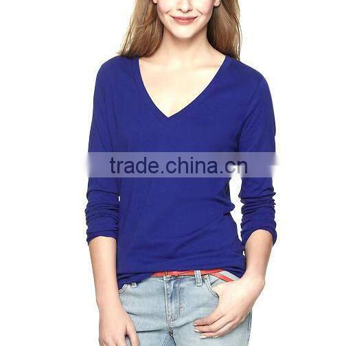 100% cotton womens deep v neck long sleeve t shirts
