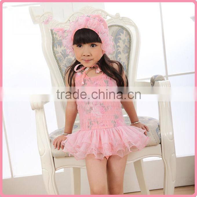 New Fashion Girls Summer Bathing Suit One-piece Nylon And PU Swimwear With Lace And Hat Chilren Princess Swim Dresses SR40416-10