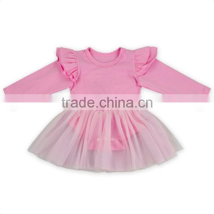 Baby girls pink 2 pcs clothes set wholesale cotton long ruffle sleeve tutu romper dress boutique clothing