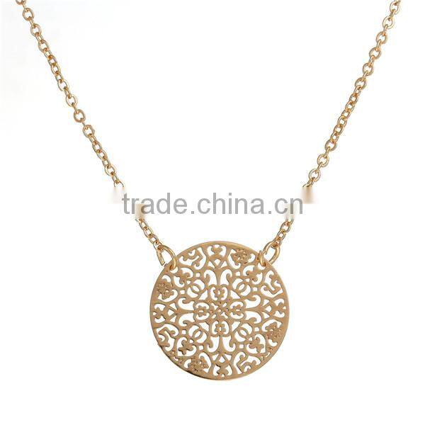New Fashion Copper Filigree Stamping Necklace Link Cable Chain Gold Plated Round Pendant Flower Carved Hollow