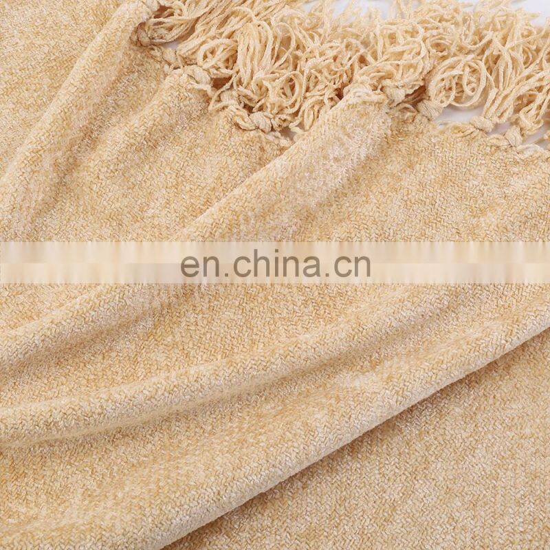 Light Yellow Acrylic High Quality Blanket Jacquard Knitted Blanket With Tassels