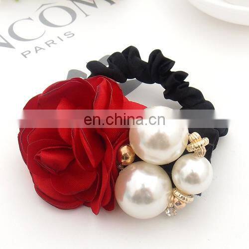 Women Fashion Style Big Rose Flower Pearl Rhinestone Hair Bands Elastic Hair Rope Ring Hair Accessories