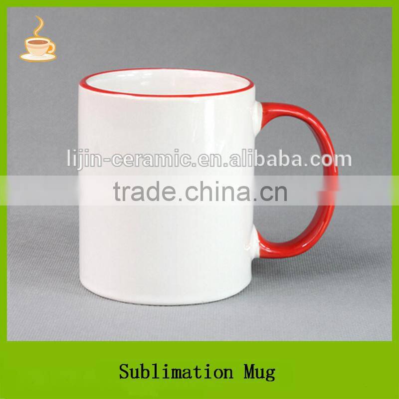 White coated with color handle and rim on the mouth cheap sublimation ceramic mug, T/T